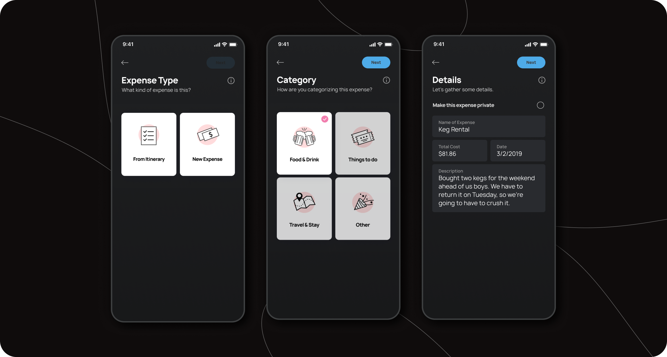 BACH expense flow — expense type, category, and details screens
