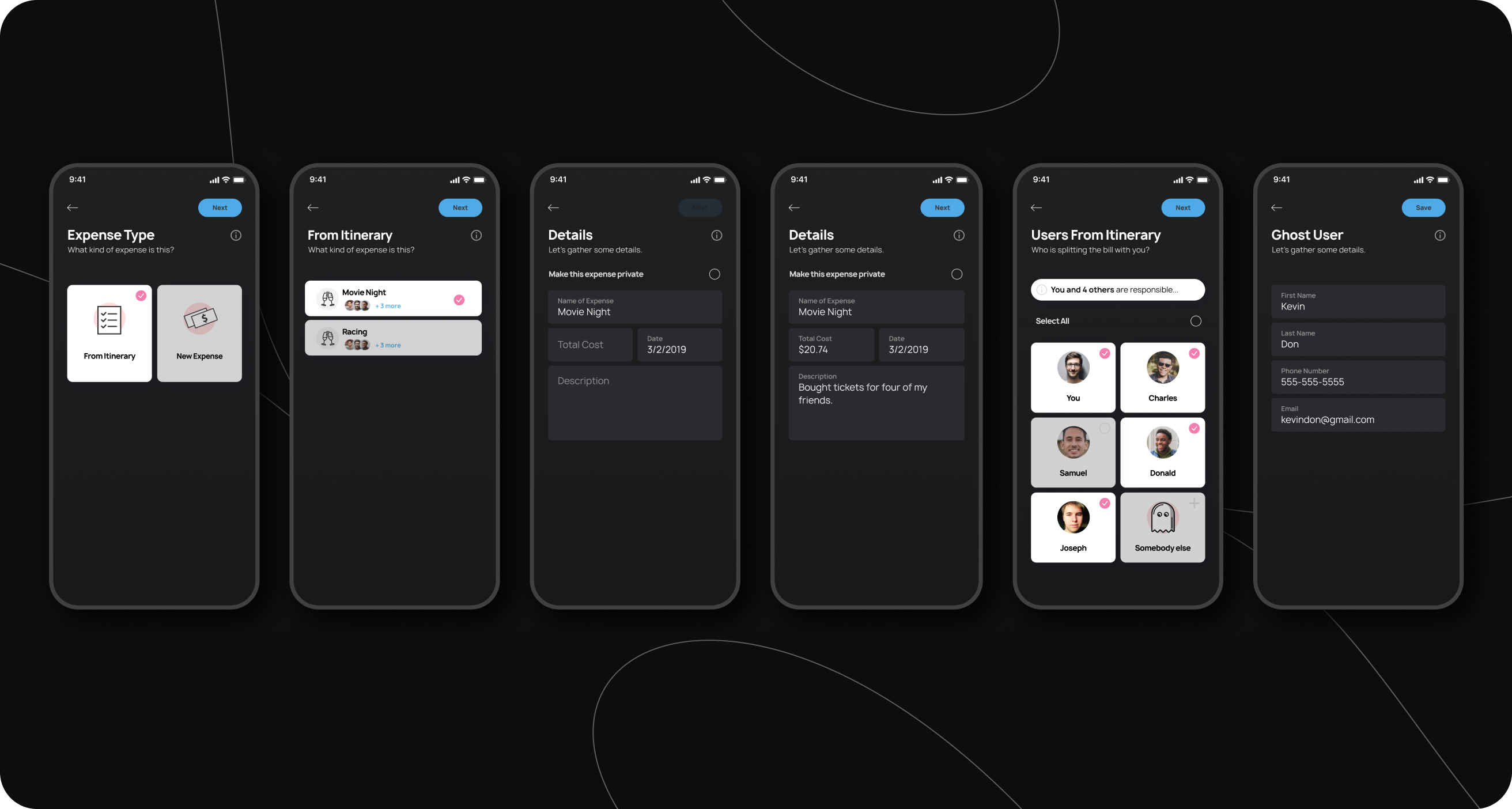 BACH expense flow — itinerary selection, details, users, and ghost user screens