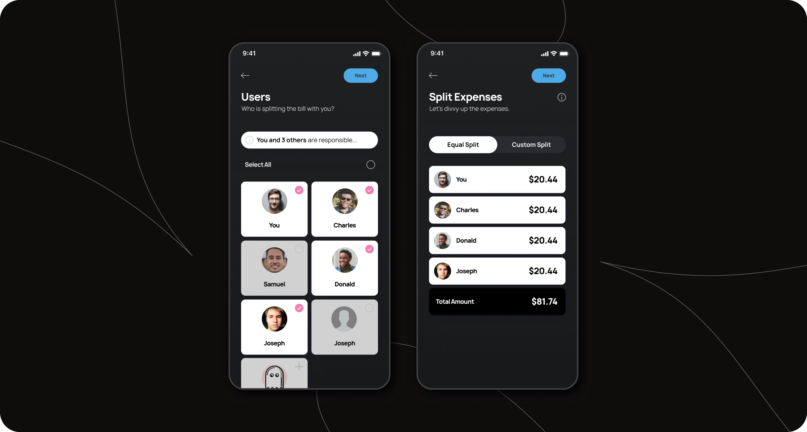 BACH expense flow — user selection and equal split screens
