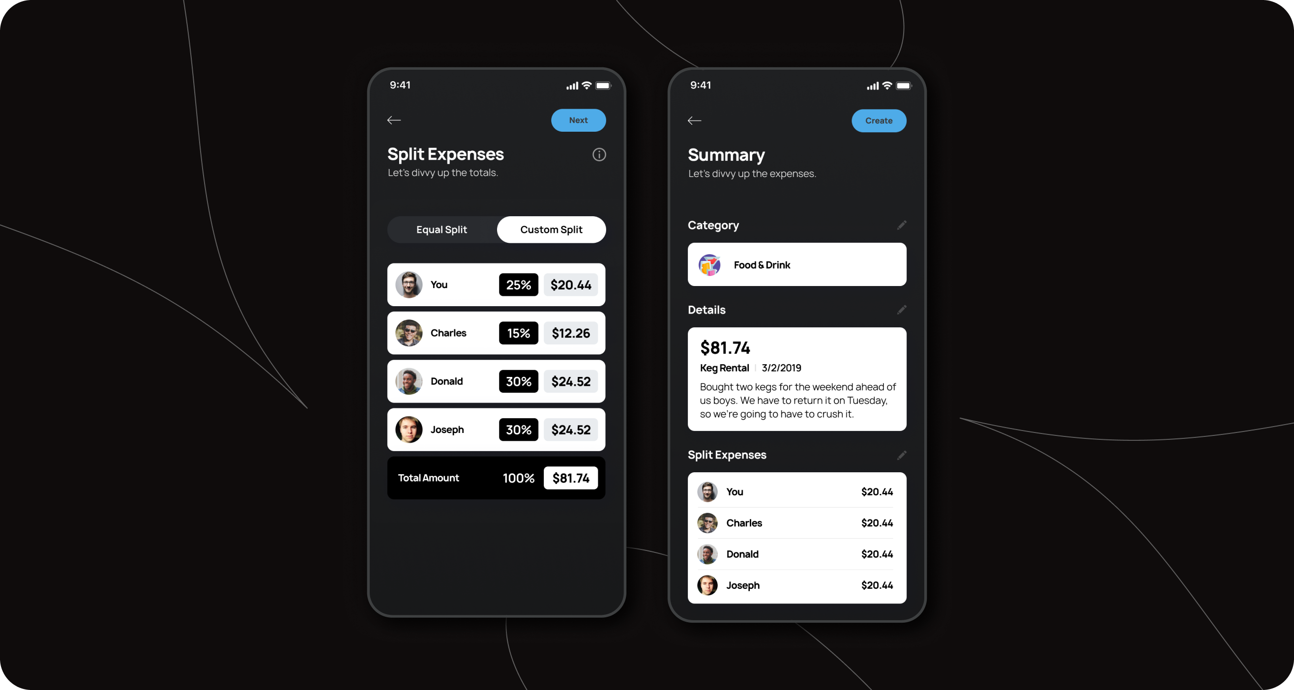 BACH expense flow — custom split and summary screens