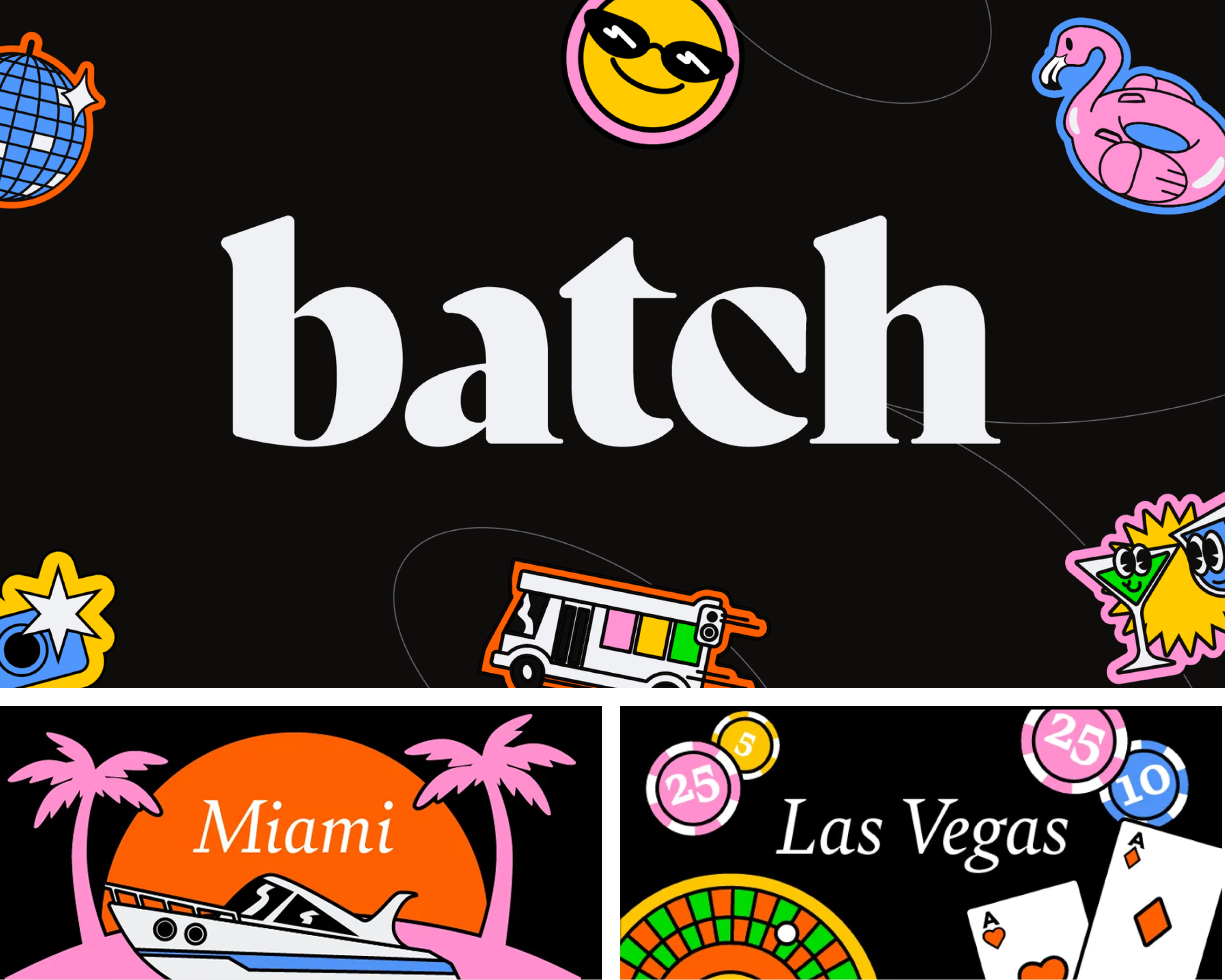 Batch brand identity with Miami and Las Vegas destination graphics