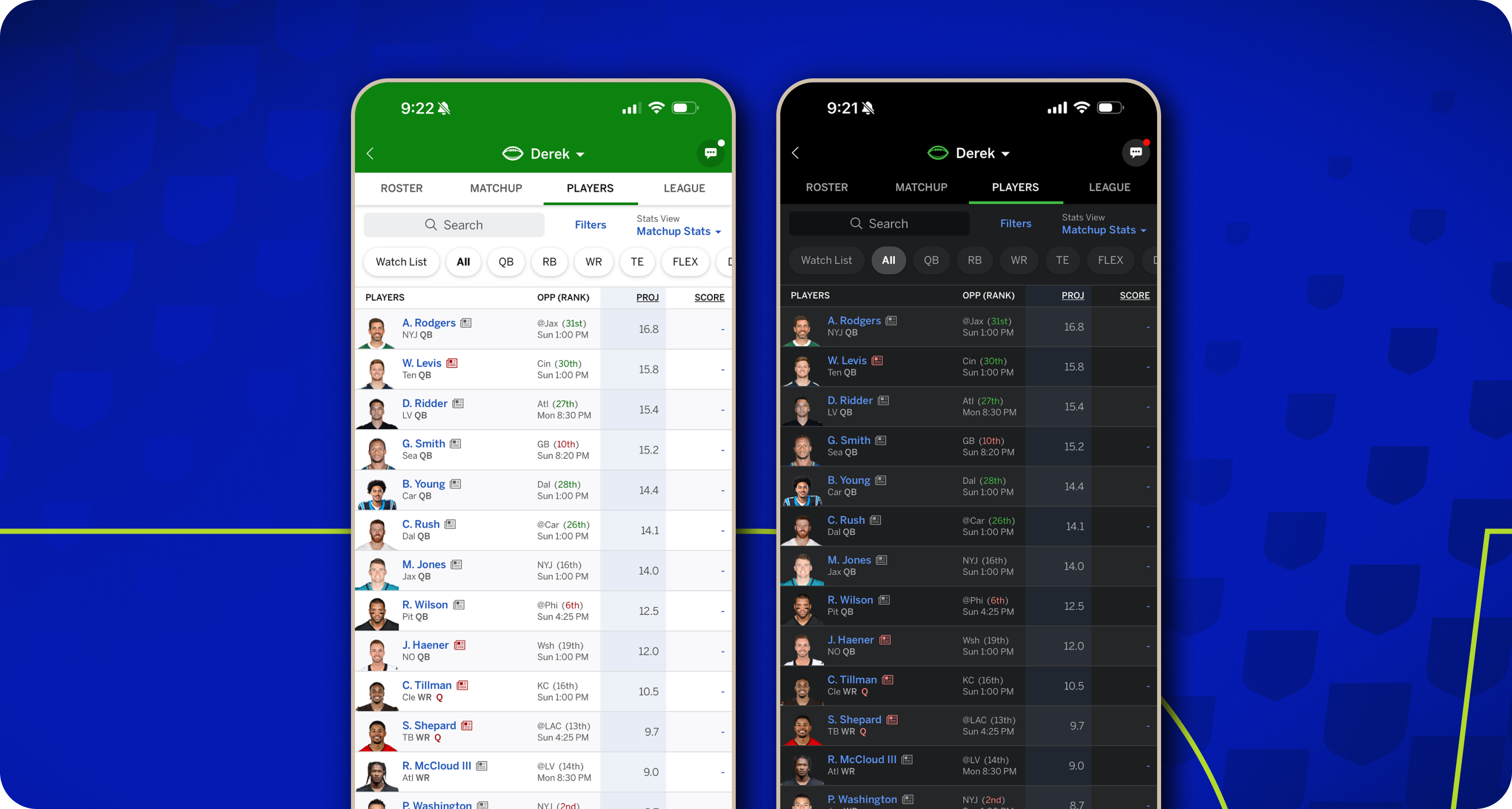 ESPN Fantasy app light and dark mode comparison