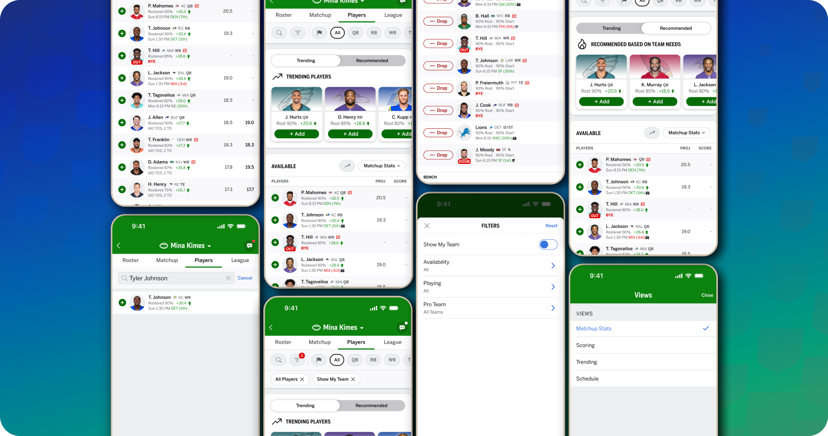 ESPN Fantasy player page and roster management screens in light mode