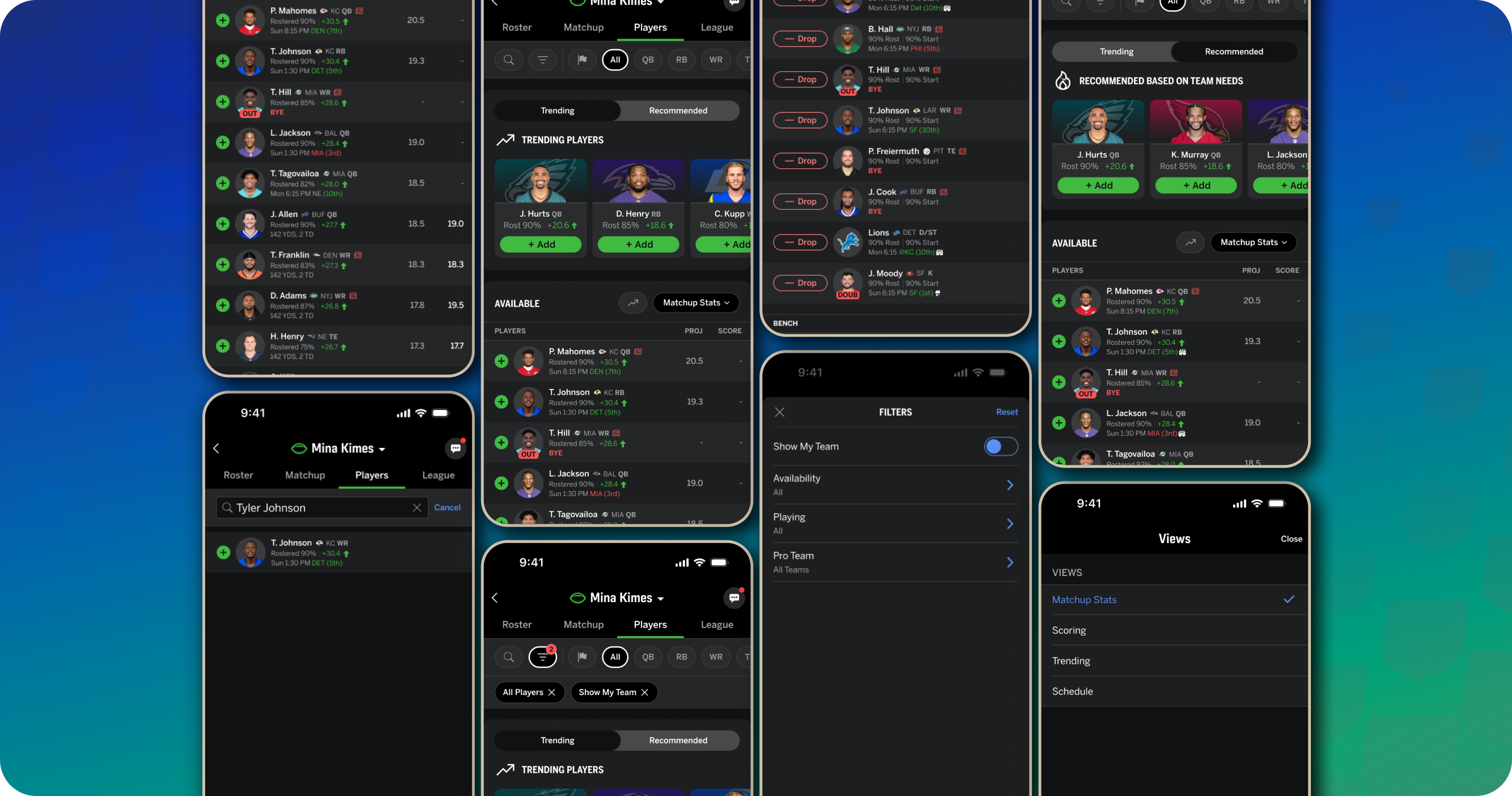 ESPN Fantasy player page and roster management screens in dark mode